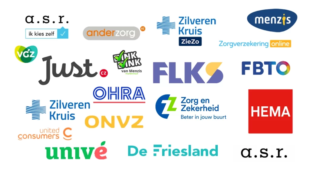 Logo's van zorgverzekeraars waarmee Diëtistenpraktijk Hoogkarspel een contract heeft, zoals a.s.r., Univé, Zilveren Kruis, Menzis, CZ en VGZ